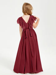 Abiti Damigella Junior In Chiffon Pizzo Maniche A Farfalla Scollo Rotondo Borgogna