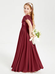 Abiti Damigella Junior In Chiffon Pizzo Maniche A Farfalla Scollo Rotondo Borgogna