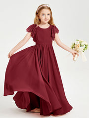 Abiti Damigella Junior In Chiffon Pizzo Maniche A Farfalla Scollo Rotondo Borgogna