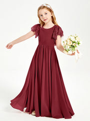 Abiti Damigella Junior In Chiffon Pizzo Maniche A Farfalla Scollo Rotondo Borgogna