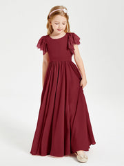 Abiti Damigella Junior In Chiffon Pizzo Maniche A Farfalla Scollo Rotondo Borgogna