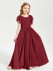 Abiti Damigella Junior In Chiffon Pizzo Maniche A Farfalla Scollo Rotondo Borgogna