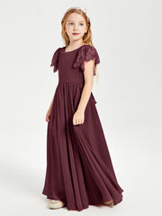 Abiti Damigella Junior In Chiffon Pizzo Maniche A Farfalla Scollo Rotondo Cabernet