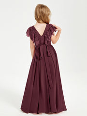 Abiti Damigella Junior In Chiffon Pizzo Maniche A Farfalla Scollo Rotondo Cabernet