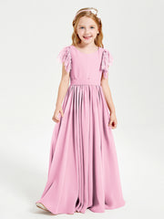 Abiti Damigella Junior In Chiffon Pizzo Maniche A Farfalla Scollo Rotondo Rosa Bonbon
