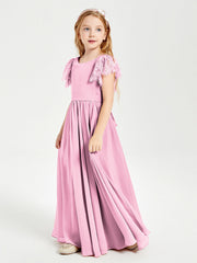 Abiti Damigella Junior In Chiffon Pizzo Maniche A Farfalla Scollo Rotondo Rosa Bonbon