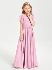 Abiti Damigella Junior In Chiffon Pizzo Maniche A Farfalla Scollo Rotondo Rosa Bonbon