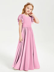 Abiti Damigella Junior In Chiffon Pizzo Maniche A Farfalla Scollo Rotondo Rosa Bonbon