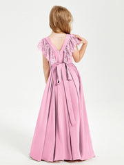 Abiti Damigella Junior In Chiffon Pizzo Maniche A Farfalla Scollo Rotondo Rosa Bonbon