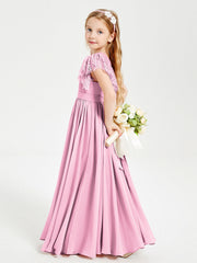 Abiti Damigella Junior In Chiffon Pizzo Maniche A Farfalla Scollo Rotondo Rosa Bonbon