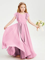 Abiti Damigella Junior In Chiffon Pizzo Maniche A Farfalla Scollo Rotondo Rosa Bonbon