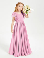 Abiti Damigella Junior In Chiffon Pizzo Maniche A Farfalla Scollo Rotondo Rosa Bonbon