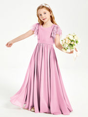 Abiti Damigella Junior In Chiffon Pizzo Maniche A Farfalla Scollo Rotondo Rosa Bonbon