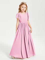 Abiti Damigella Junior In Chiffon Pizzo Maniche A Farfalla Scollo Rotondo Rosa Bonbon