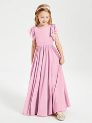Abiti Damigella Junior In Chiffon Pizzo Maniche A Farfalla Scollo Rotondo Rosa Bonbon