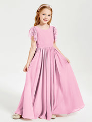Abiti Damigella Junior In Chiffon Pizzo Maniche A Farfalla Scollo Rotondo Rosa Bonbon