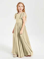 Abiti Damigella Junior In Chiffon Pizzo Maniche A Farfalla Scollo Rotondo Champagne