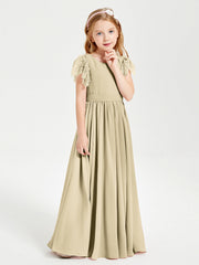 Abiti Damigella Junior In Chiffon Pizzo Maniche A Farfalla Scollo Rotondo Champagne