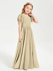 Abiti Damigella Junior In Chiffon Pizzo Maniche A Farfalla Scollo Rotondo Champagne