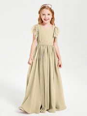 Abiti Damigella Junior In Chiffon Pizzo Maniche A Farfalla Scollo Rotondo Champagne