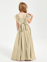 Abiti Damigella Junior In Chiffon Pizzo Maniche A Farfalla Scollo Rotondo Champagne