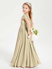 Abiti Damigella Junior In Chiffon Pizzo Maniche A Farfalla Scollo Rotondo Champagne