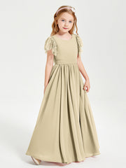 Abiti Damigella Junior In Chiffon Pizzo Maniche A Farfalla Scollo Rotondo Champagne