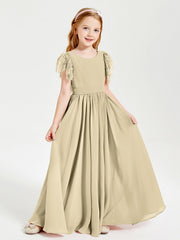 Abiti Damigella Junior In Chiffon Pizzo Maniche A Farfalla Scollo Rotondo Champagne