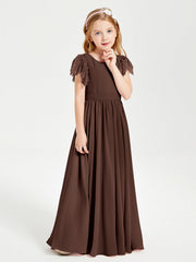 Abiti Damigella Junior In Chiffon Pizzo Maniche A Farfalla Scollo Rotondo Cioccolato
