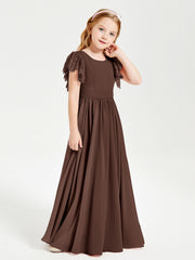 Abiti Damigella Junior In Chiffon Pizzo Maniche A Farfalla Scollo Rotondo Cioccolato