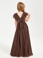 Abiti Damigella Junior In Chiffon Pizzo Maniche A Farfalla Scollo Rotondo Cioccolato