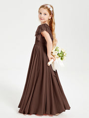 Abiti Damigella Junior In Chiffon Pizzo Maniche A Farfalla Scollo Rotondo Cioccolato