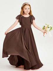 Abiti Damigella Junior In Chiffon Pizzo Maniche A Farfalla Scollo Rotondo Cioccolato