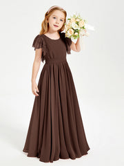 Abiti Damigella Junior In Chiffon Pizzo Maniche A Farfalla Scollo Rotondo Cioccolato