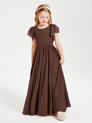 Abiti Damigella Junior In Chiffon Pizzo Maniche A Farfalla Scollo Rotondo Cioccolato