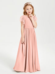 Abiti Damigella Junior In Chiffon Pizzo Maniche A Farfalla Scollo Rotondo Corallo