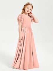 Abiti Damigella Junior In Chiffon Pizzo Maniche A Farfalla Scollo Rotondo Corallo