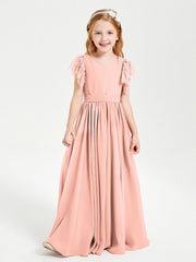 Abiti Damigella Junior In Chiffon Pizzo Maniche A Farfalla Scollo Rotondo Corallo