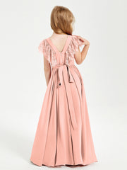 Abiti Damigella Junior In Chiffon Pizzo Maniche A Farfalla Scollo Rotondo Corallo