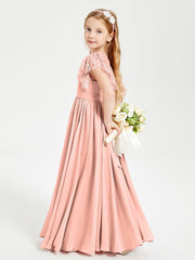 Abiti Damigella Junior In Chiffon Pizzo Maniche A Farfalla Scollo Rotondo Corallo
