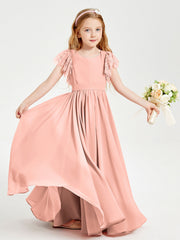 Abiti Damigella Junior In Chiffon Pizzo Maniche A Farfalla Scollo Rotondo Corallo