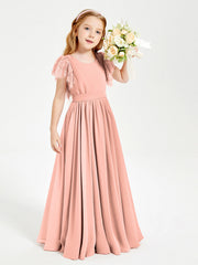 Abiti Damigella Junior In Chiffon Pizzo Maniche A Farfalla Scollo Rotondo Corallo