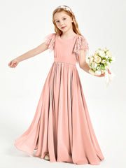 Abiti Damigella Junior In Chiffon Pizzo Maniche A Farfalla Scollo Rotondo Corallo