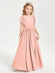 Abiti Damigella Junior In Chiffon Pizzo Maniche A Farfalla Scollo Rotondo Corallo