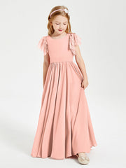 Abiti Damigella Junior In Chiffon Pizzo Maniche A Farfalla Scollo Rotondo Corallo