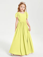 Abiti Damigella Junior In Chiffon Pizzo Maniche A Farfalla Scollo Rotondo Narciso