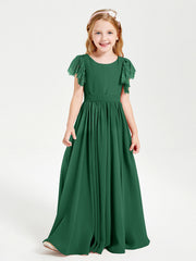 Abiti Damigella Junior In Chiffon Pizzo Maniche A Farfalla Scollo Rotondo Verde Scuro