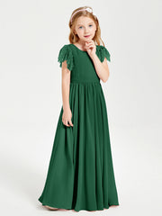 Abiti Damigella Junior In Chiffon Pizzo Maniche A Farfalla Scollo Rotondo Verde Scuro