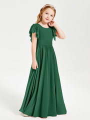 Abiti Damigella Junior In Chiffon Pizzo Maniche A Farfalla Scollo Rotondo Verde Scuro