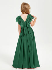 Abiti Damigella Junior In Chiffon Pizzo Maniche A Farfalla Scollo Rotondo Verde Scuro